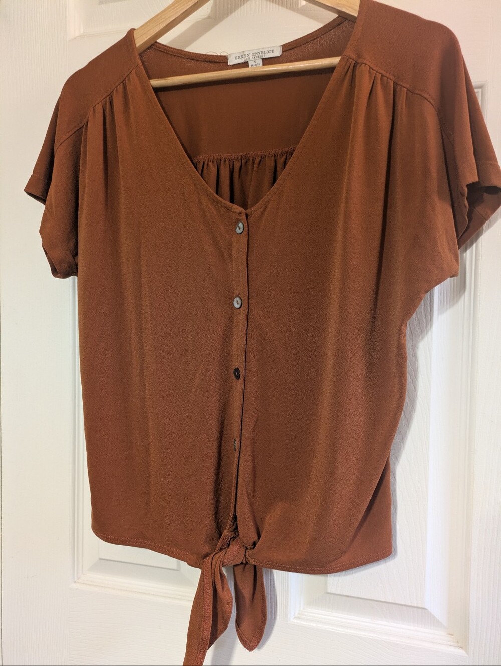 Green Envelope Rust Brown Tie-Front Button Blouse